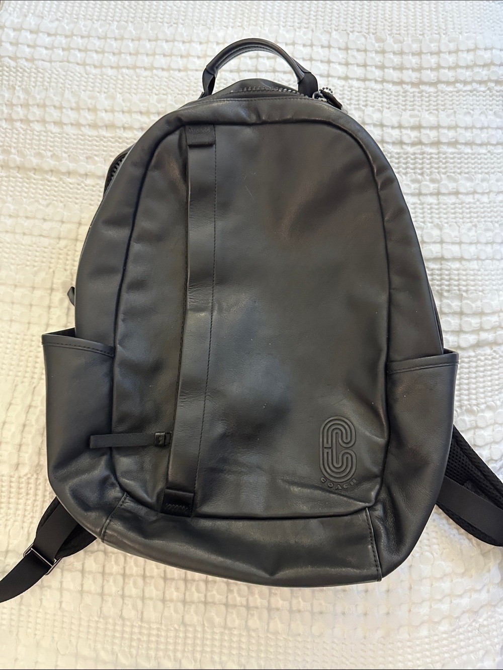 Coach Black Leather Men's Backpack with Embossed Logo